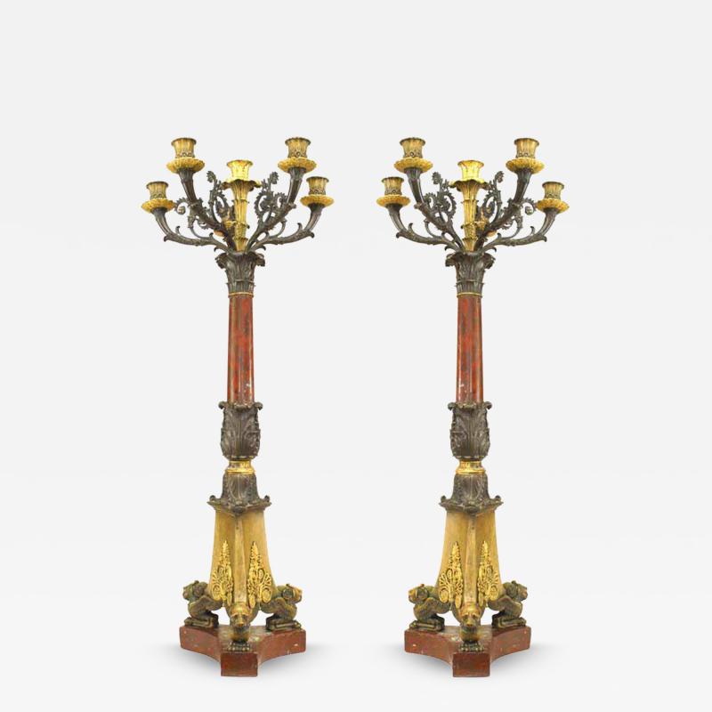 Pair of French Empire Bronze and Rouge Marble Candelabras