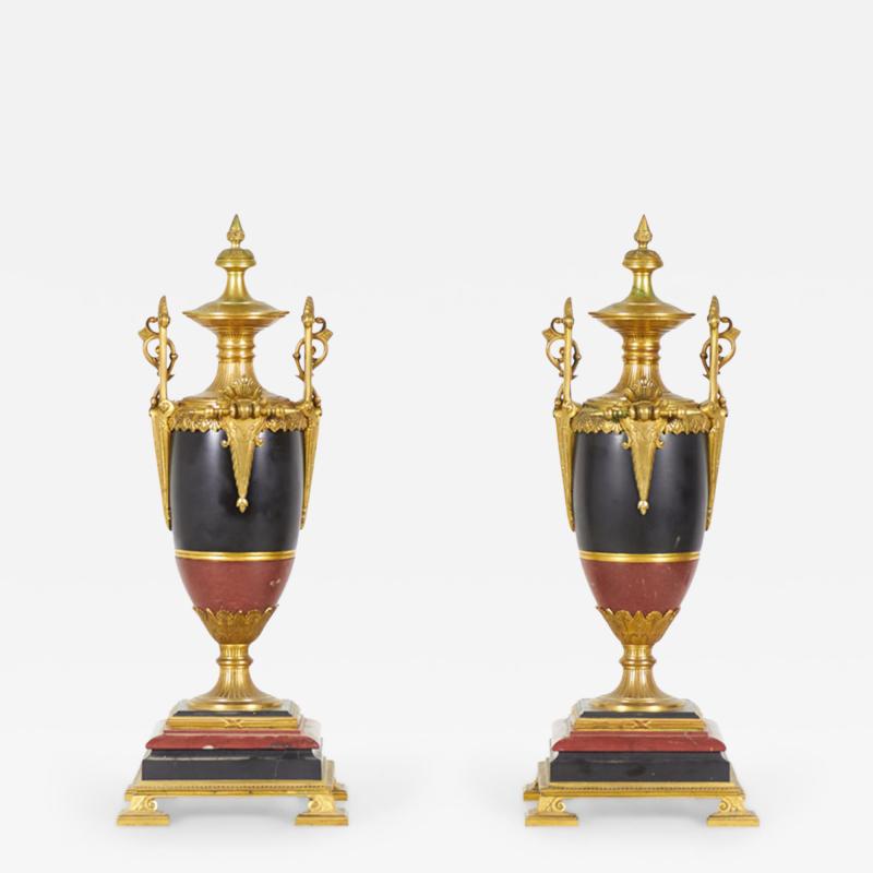 Pair of French Empire Gilt Bronze and Marble Urns