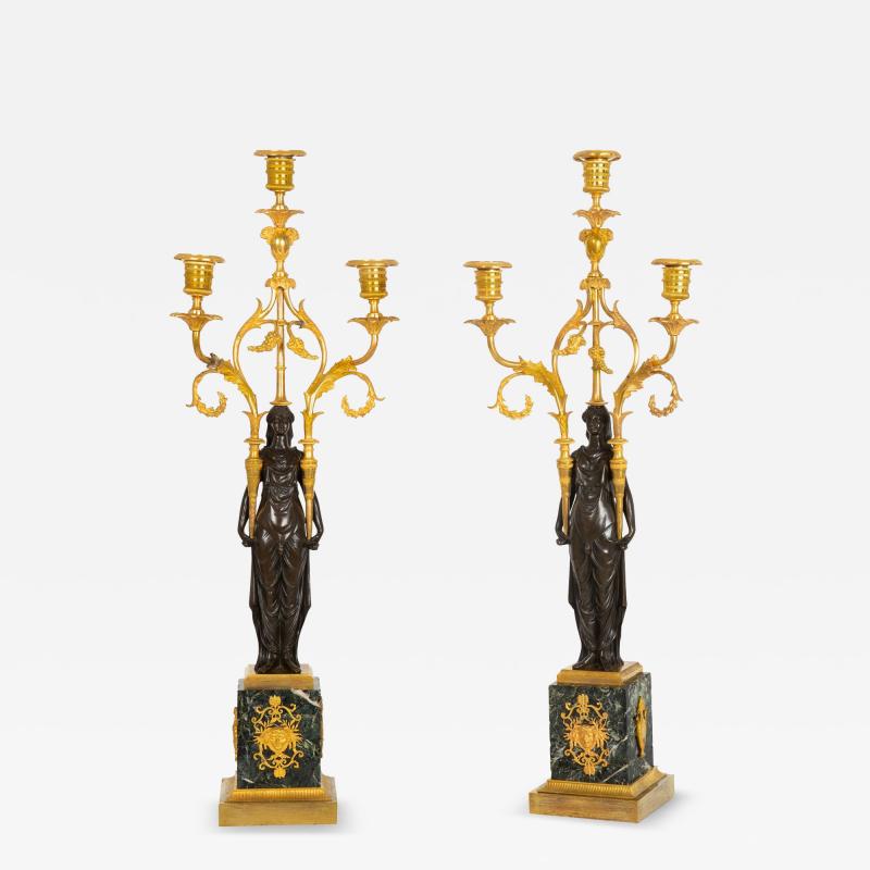 Pair of French Empire Gilt Patinated Bronze Three Light Candelabra ca 1815