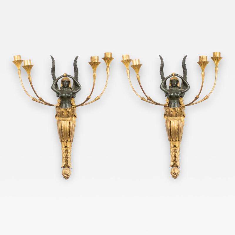 Pair of French Empire Gilt Wood and Lacquer Wall Sconces