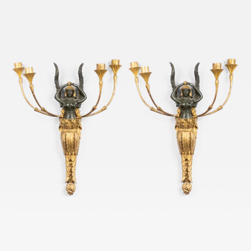 Pair of French Empire Gilt Wood and Lacquer Wall Sconces