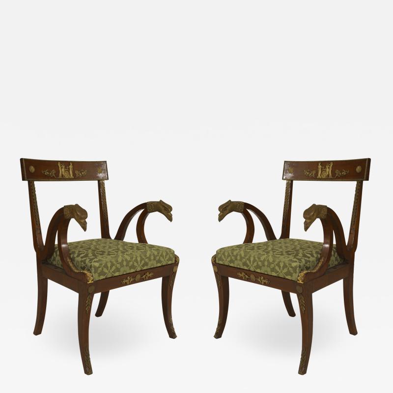 Pair of French Empire Green Arm Chairs