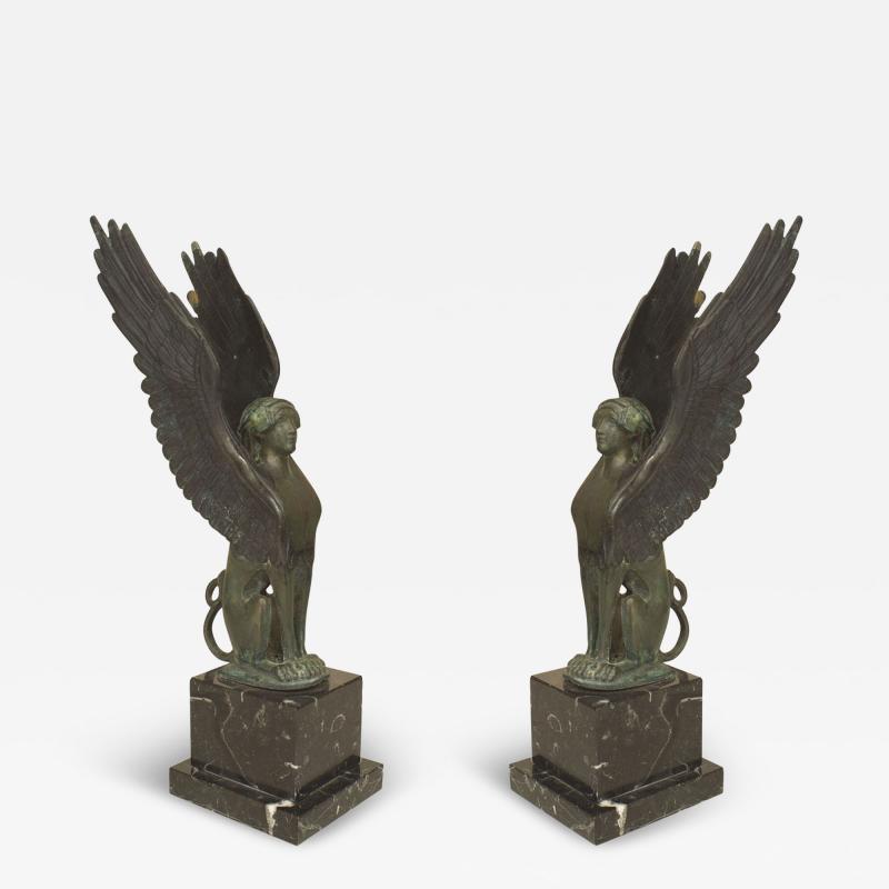 Pair of French Empire Green Patinated Spinxes