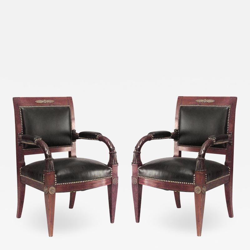 Pair of French Empire Mahogany Leather Arm Chairs