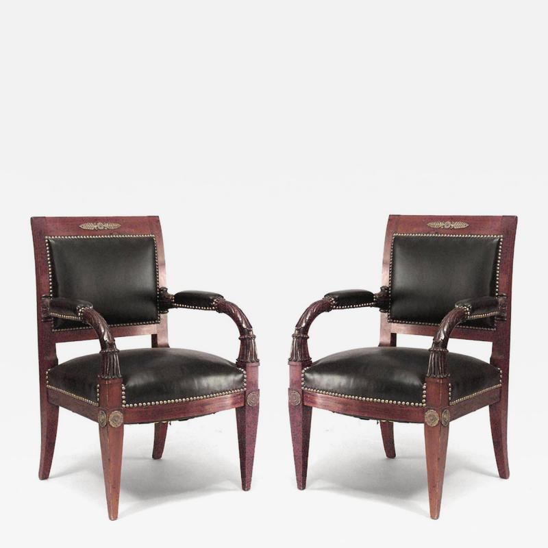 Pair of French Empire Mahogany Leather Armchairs