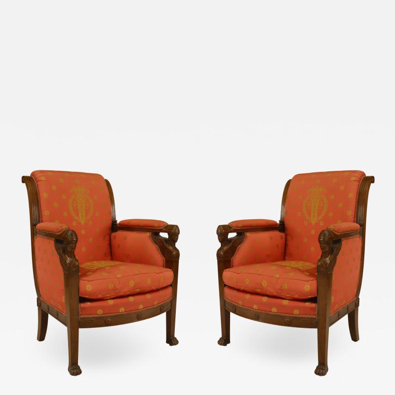 Pair of French Empire Silk Berga Arm Chairs