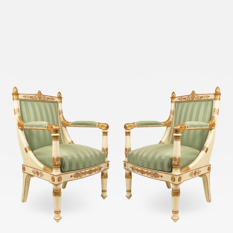 Pair of French Empire Striped Arm Chairs