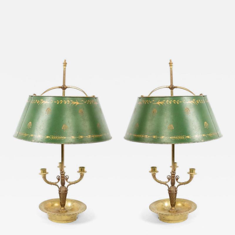 Pair of French Empire Style Bronze Table Lamps with Green Tole Shade