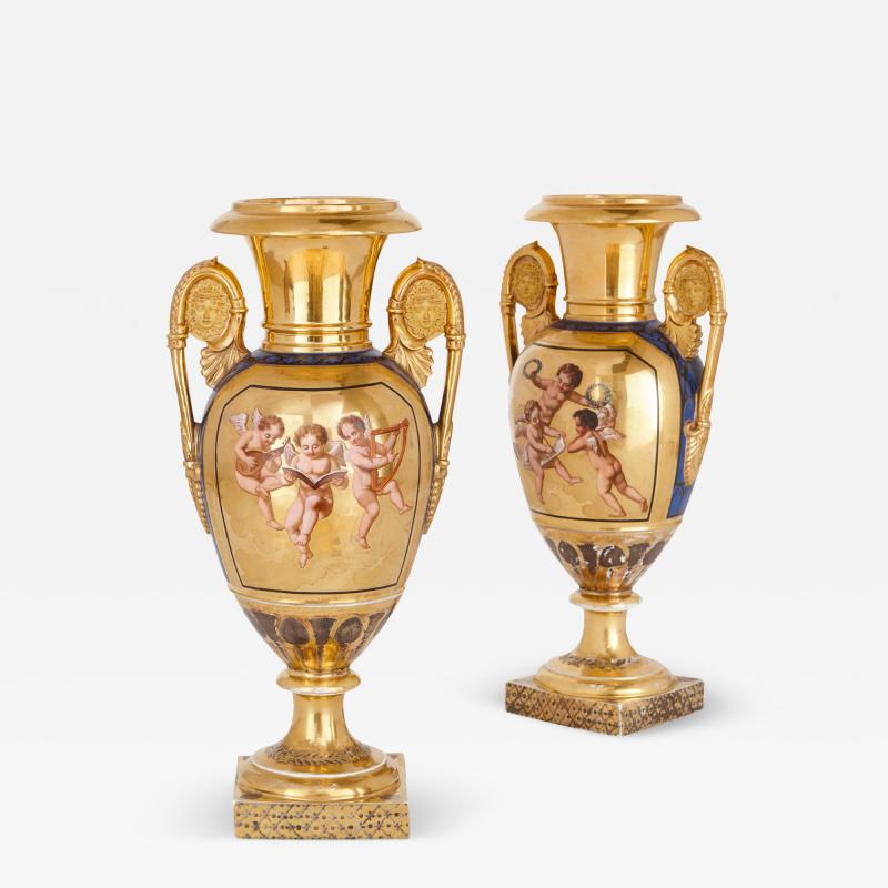 Pair of French Empire period gilt ground porcelain vases