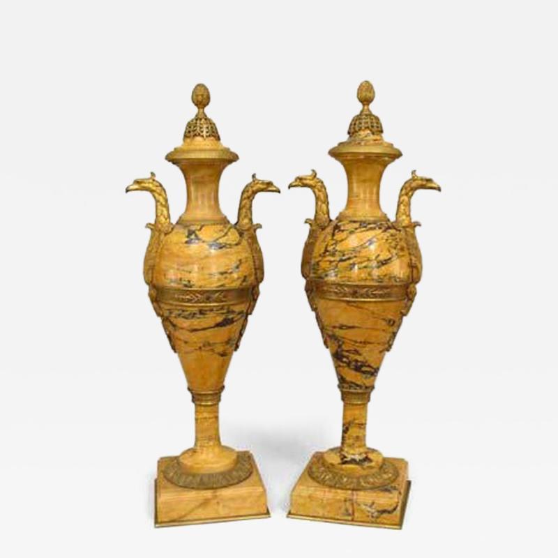 Pair of French Empire style 19th Cent yellow marble urns