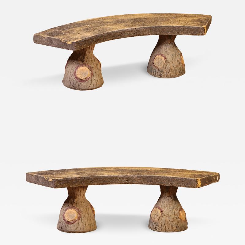 Pair of French Faux Bois Cast Stone Benches C 1960