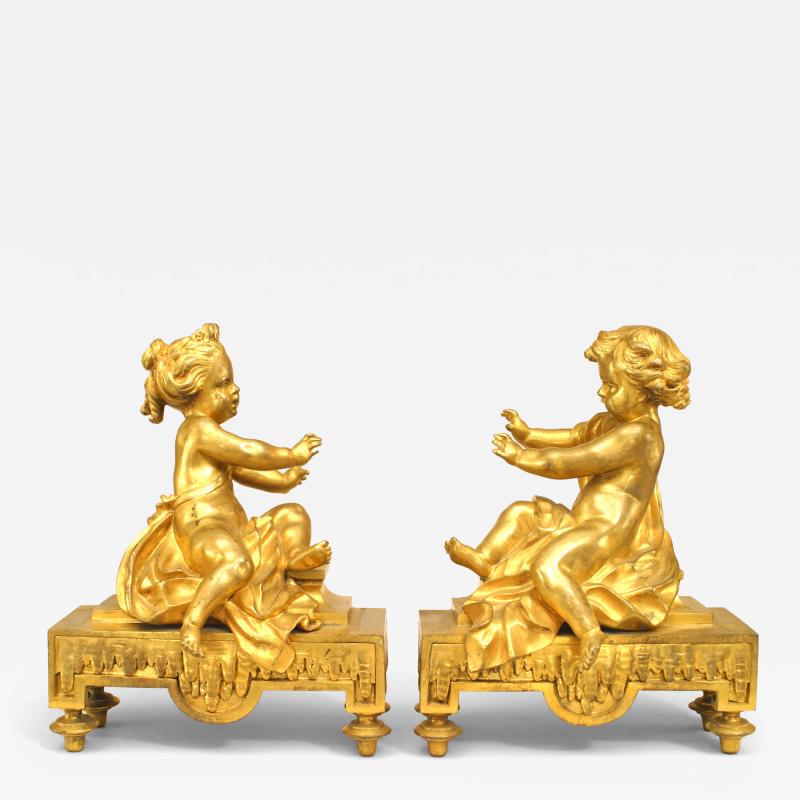Pair of French Gilt Bronze Cupid Andirons