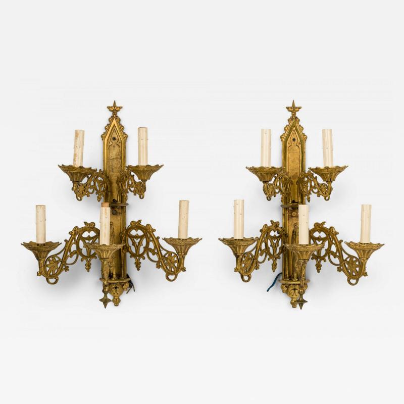Pair of French Gothic Style Gilt Bronze Sconces