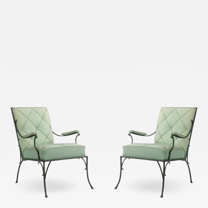 Pair of French Green Cushions Iron Arm Chairs