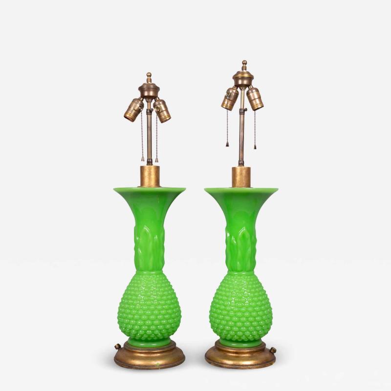 Pair of French Green Opaline Glass Table Lamps