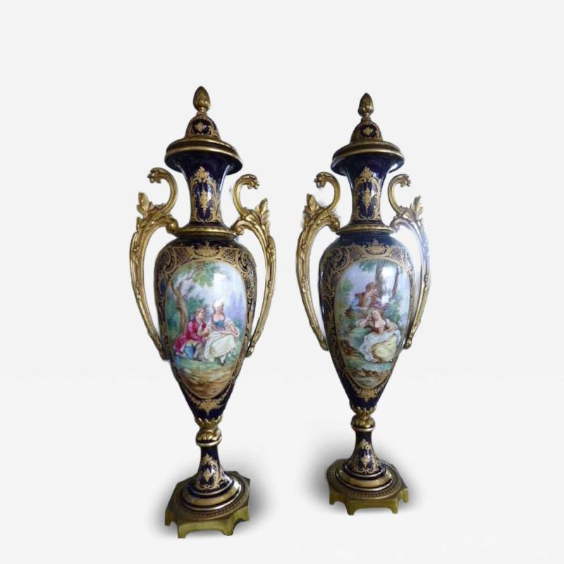 Pair of French Lidded Deep Cobalt Blue Antique Vases 1850 1899 by Granet 