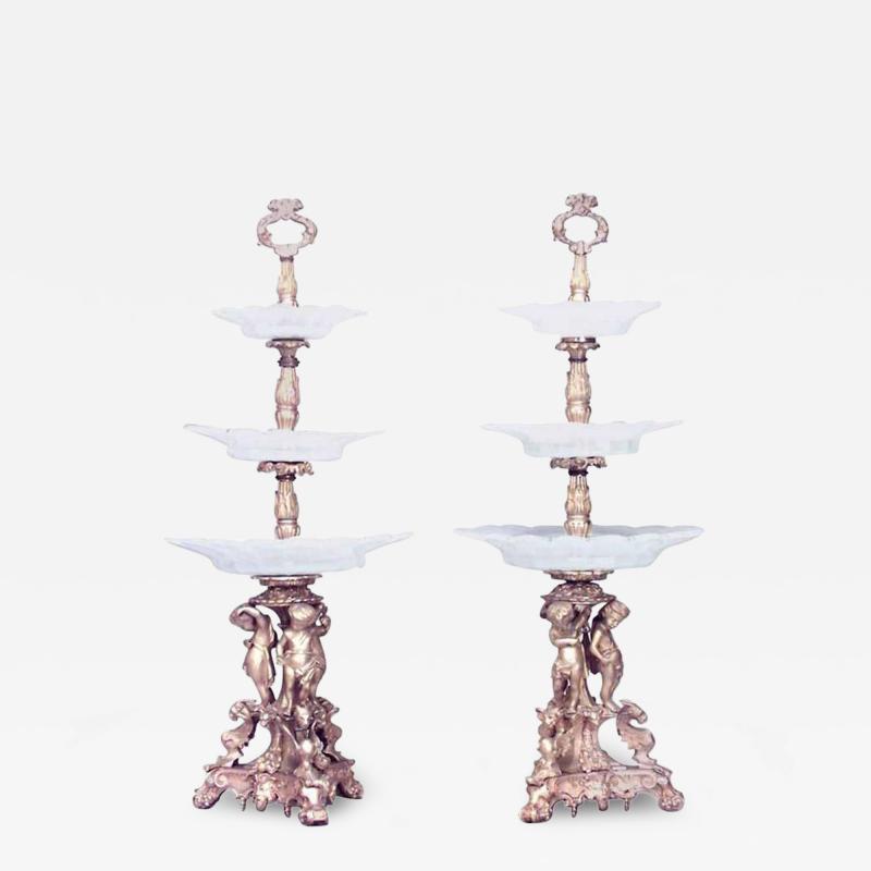 Pair of French Louis XV Bronze Dore 3 Tier Compotes