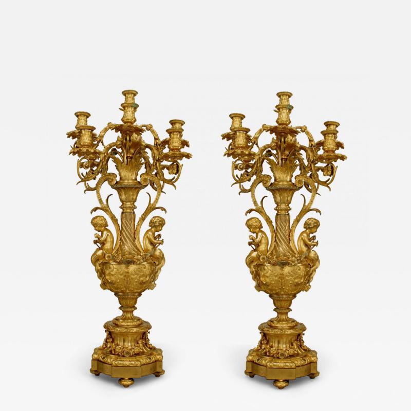 Pair of French Louis XV Bronze Dore Urn Candelabras