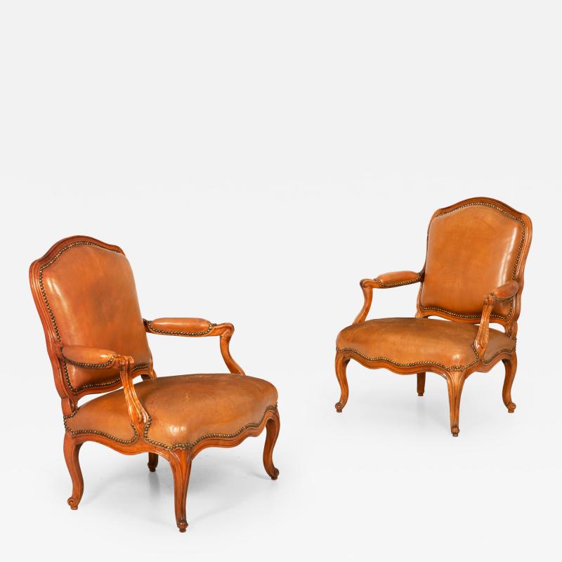 Pair of French Louis XV Carved Fauteuils Arm Chairs by Louis Cresson ca 1750