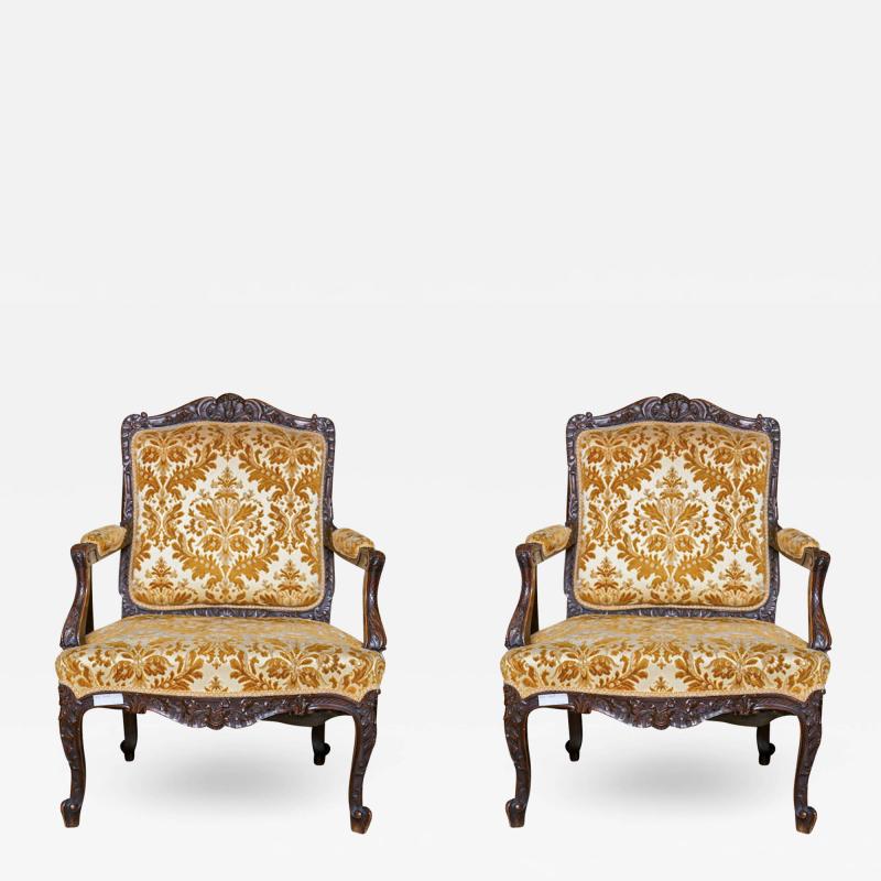 Pair of French Louis XV Style 1930s Walnut Armchairs Embroidered Upholstery