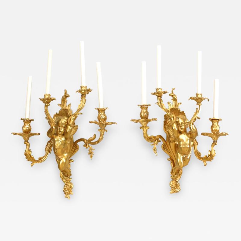 Pair of French Louis XV Style Bronze Dore Cherub Wall Sconces