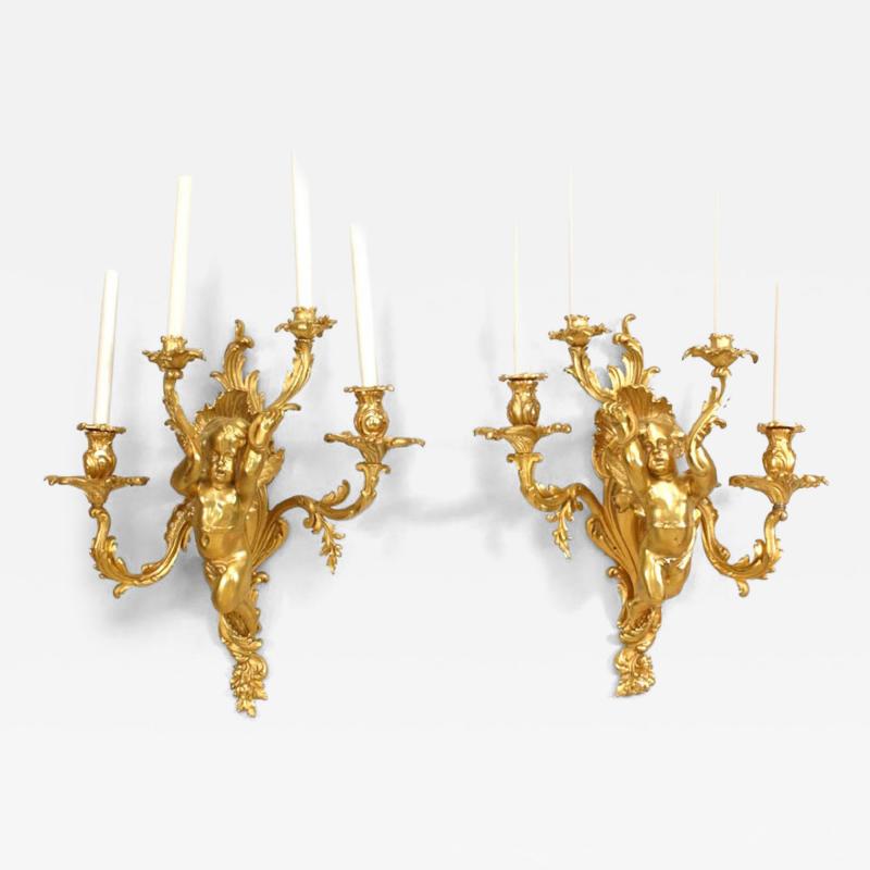 Pair of French Louis XV Style Bronze Dore Cherub Wall Sconces