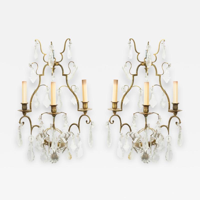 Pair of French Louis XV Style Bronze and Crystal Wall Sconces