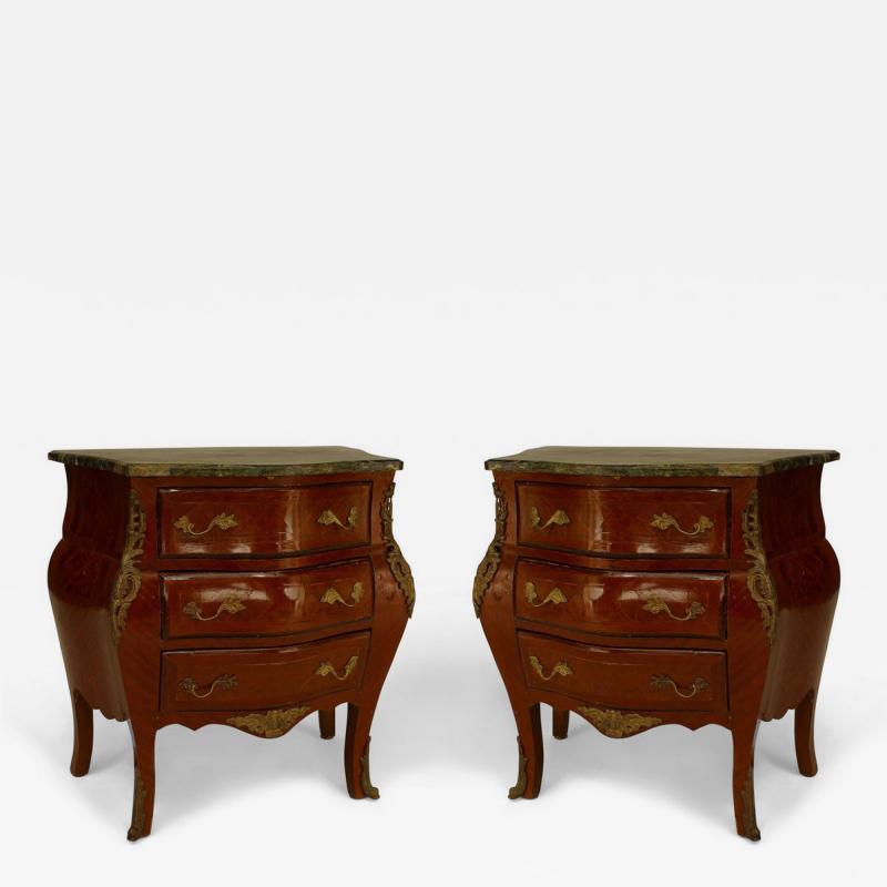 Pair of French Louis XV Style Fruitwood and Green Marble Bombe Bedside Tables
