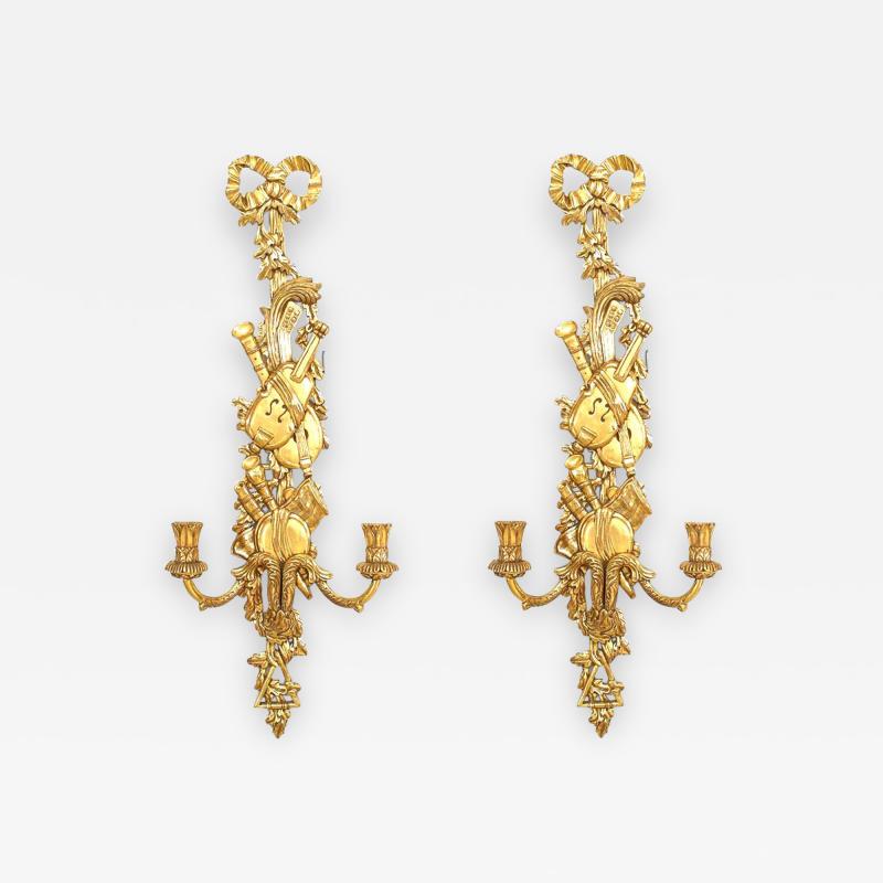 Pair of French Louis XV Style Gilt Instrument Wall Sconces