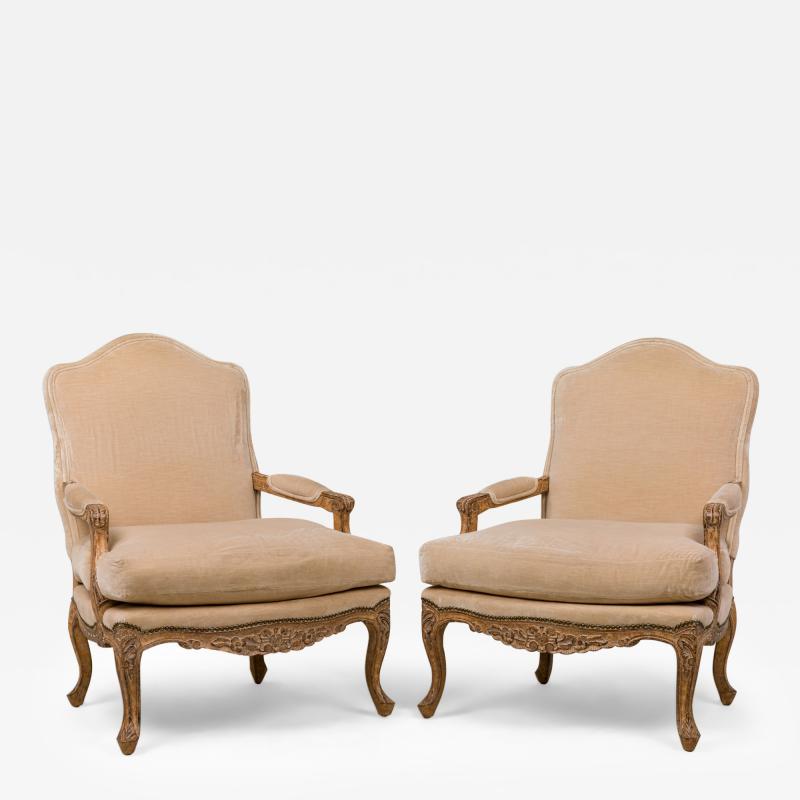Pair of French Louis XV Style High Back Armchairs with Beige Velvet Upholstery