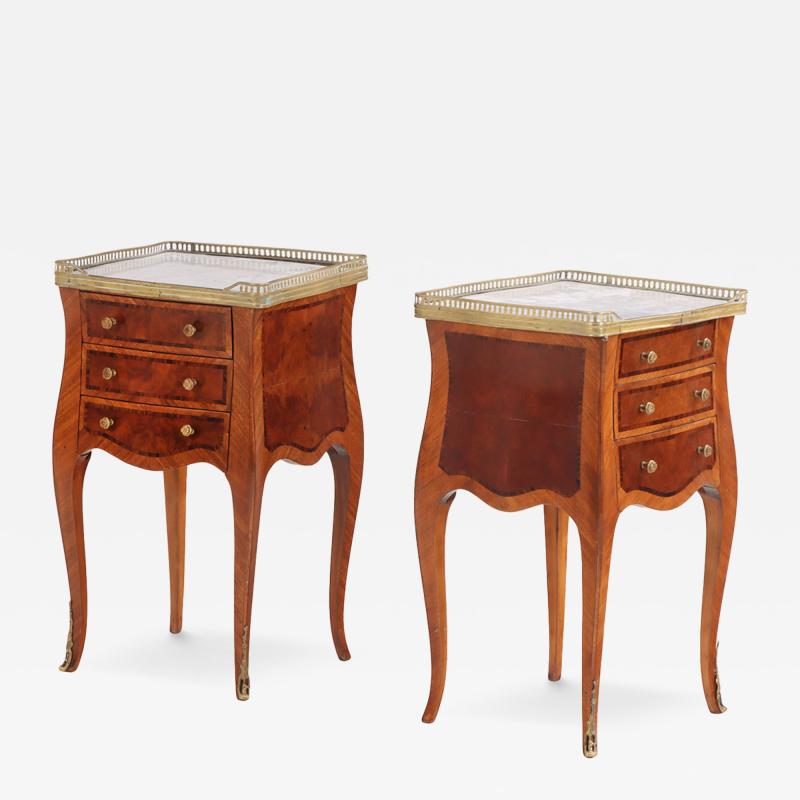 Pair of French Louis XV Style Marble Top Nightstands or End Tables C 1950
