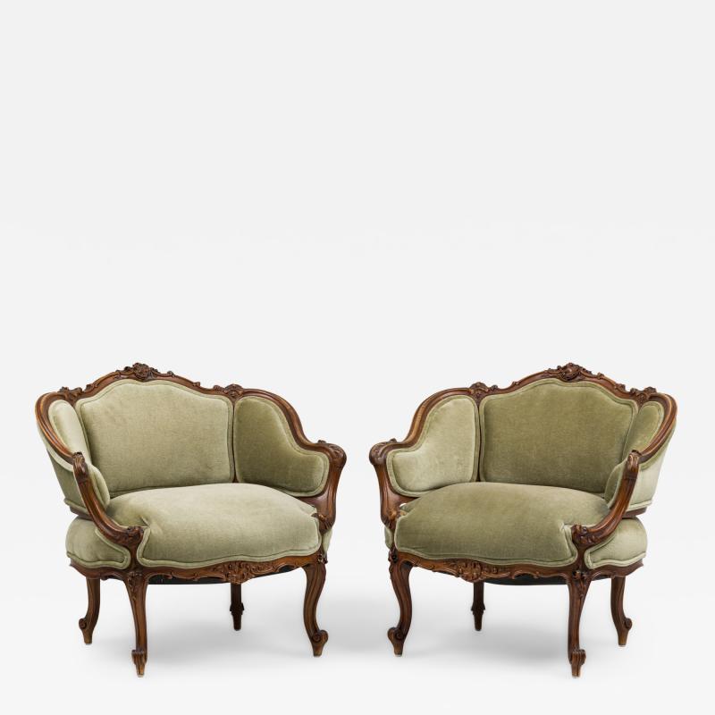 Pair of French Louis XV Style Walnut Lowback Armchair
