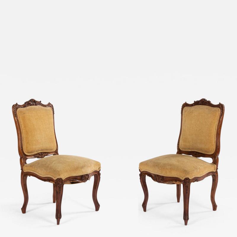 Pair of French Louis XV Velvet Walnut Side Chairs