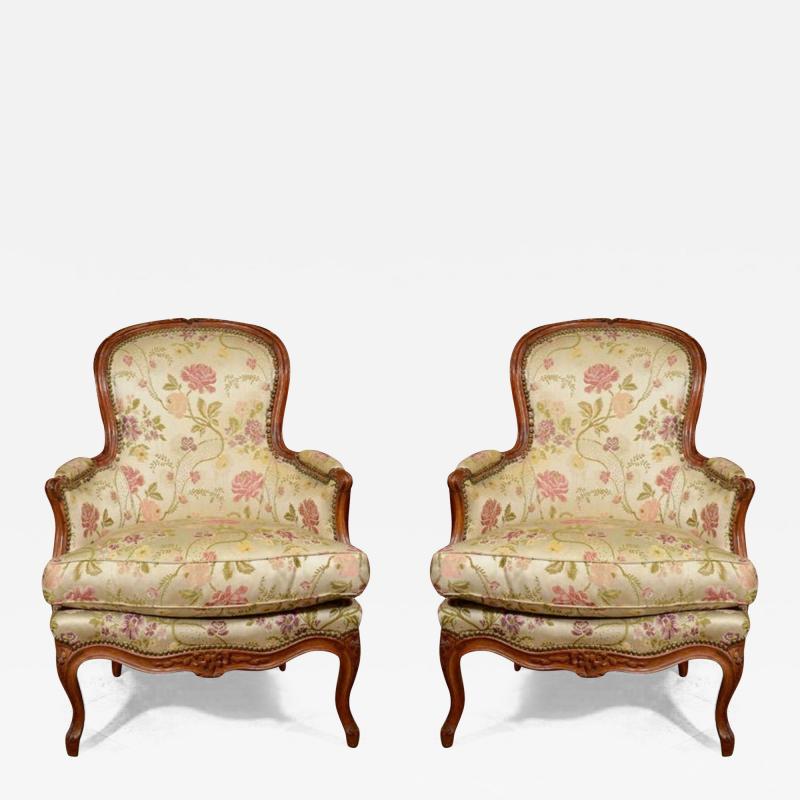 Pair of French Louis XV Walnut Bergere Chairs