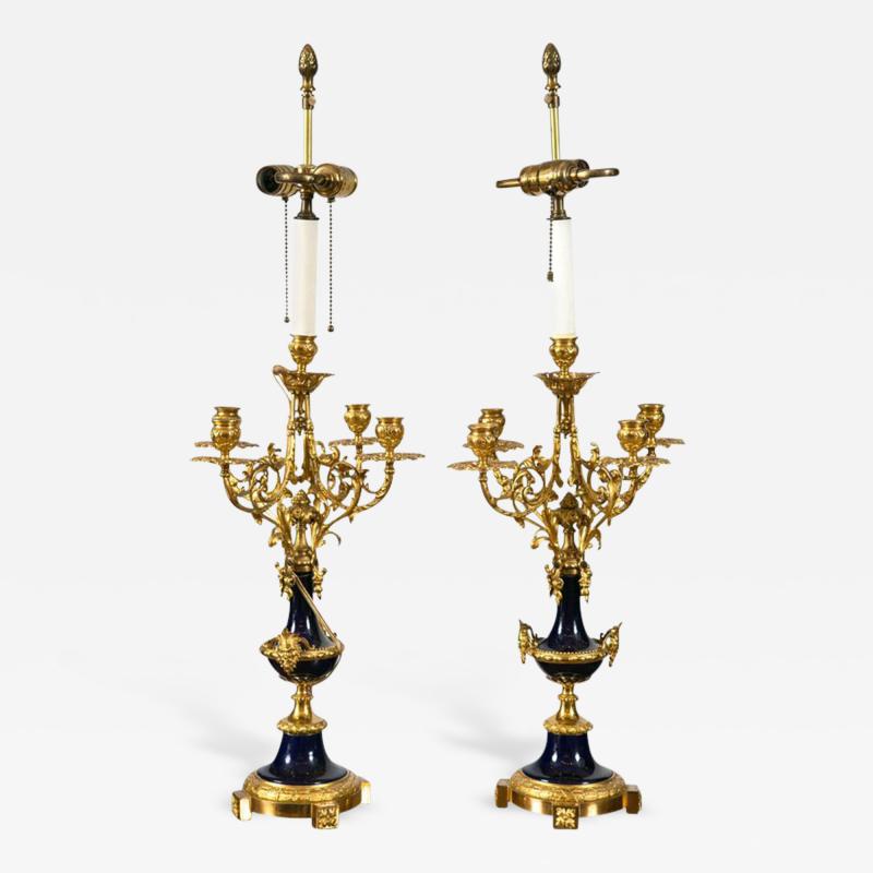 Pair of French Louis XVI Cobalt Blue Porcelain and Ormolu Candelabra Lamps