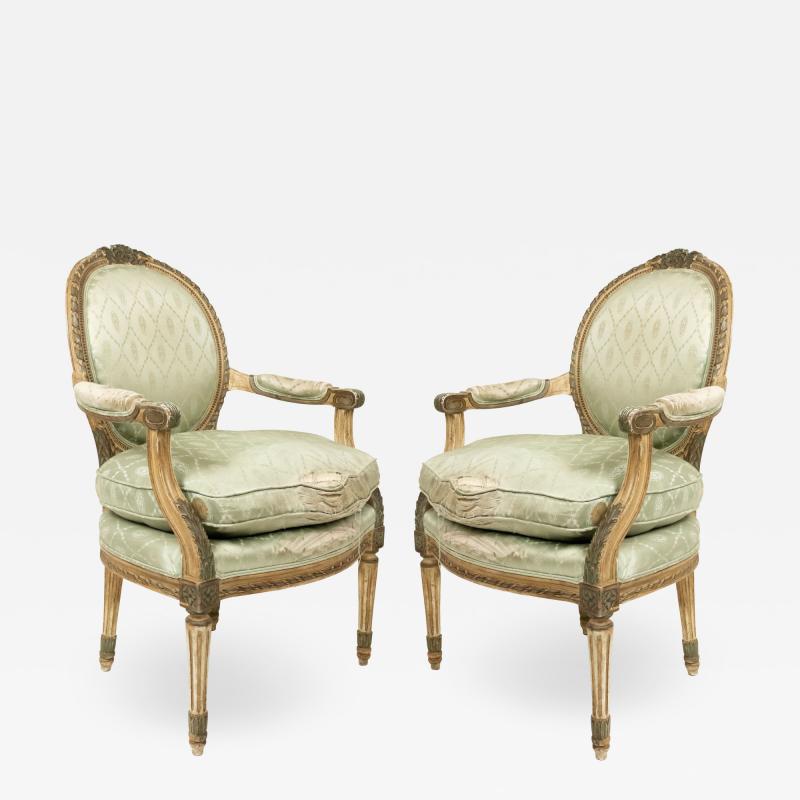 Pair of French Louis XVI Green Silk Arm Chairs