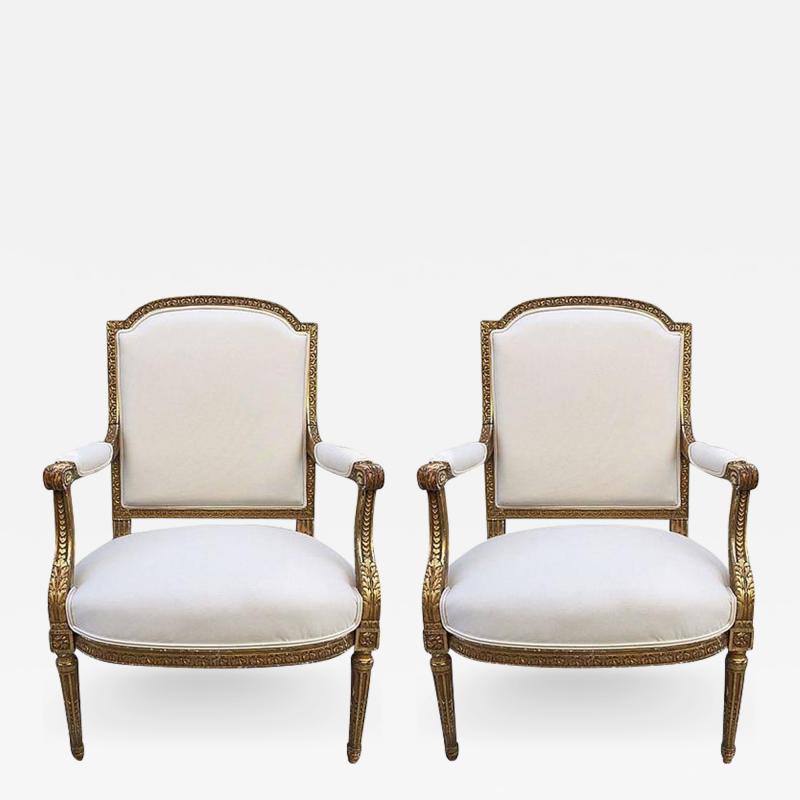 Pair of French Louis XVI Style 19th Century Giltwood Carved Chairs