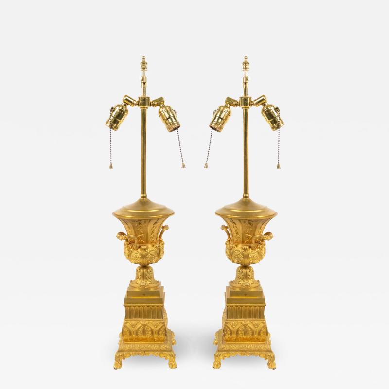 Pair of French Louis XVI Style Bronze Dore Urn Table Lamps