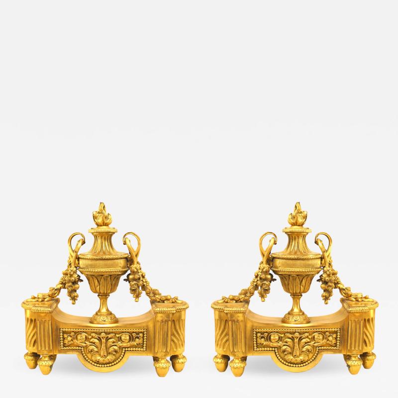 Pair of French Louis XVI Style Bronze Urn Andirons