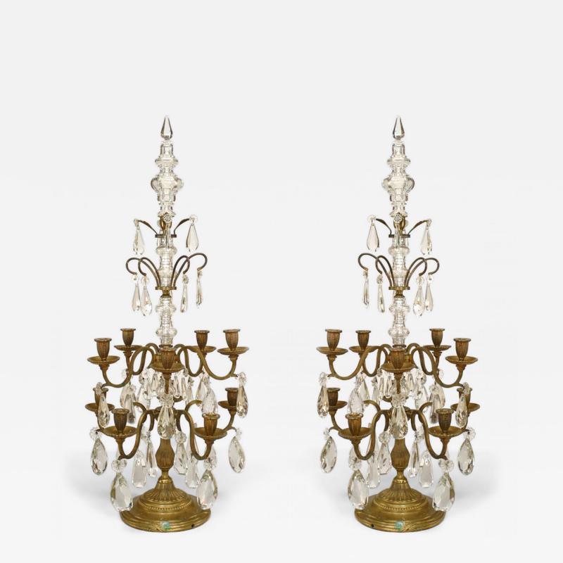 Pair of French Louis XVI Style Bronze and Crystal Candelabras