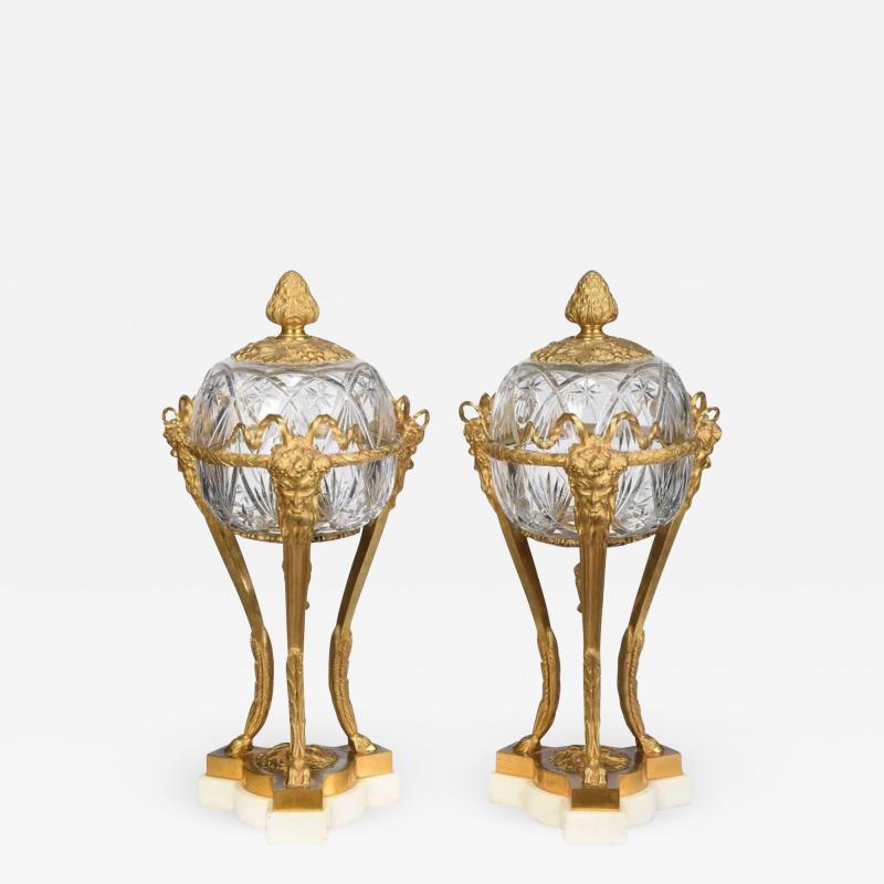 Pair of French Louis XVI Style Bronze and Cut Crystal Garniture Vases Covers
