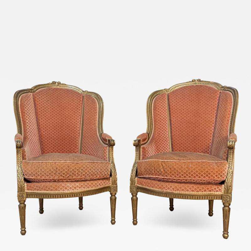 Pair of French Louis XVI Style Gilded Wood Berg res Chairs with Carved D cor