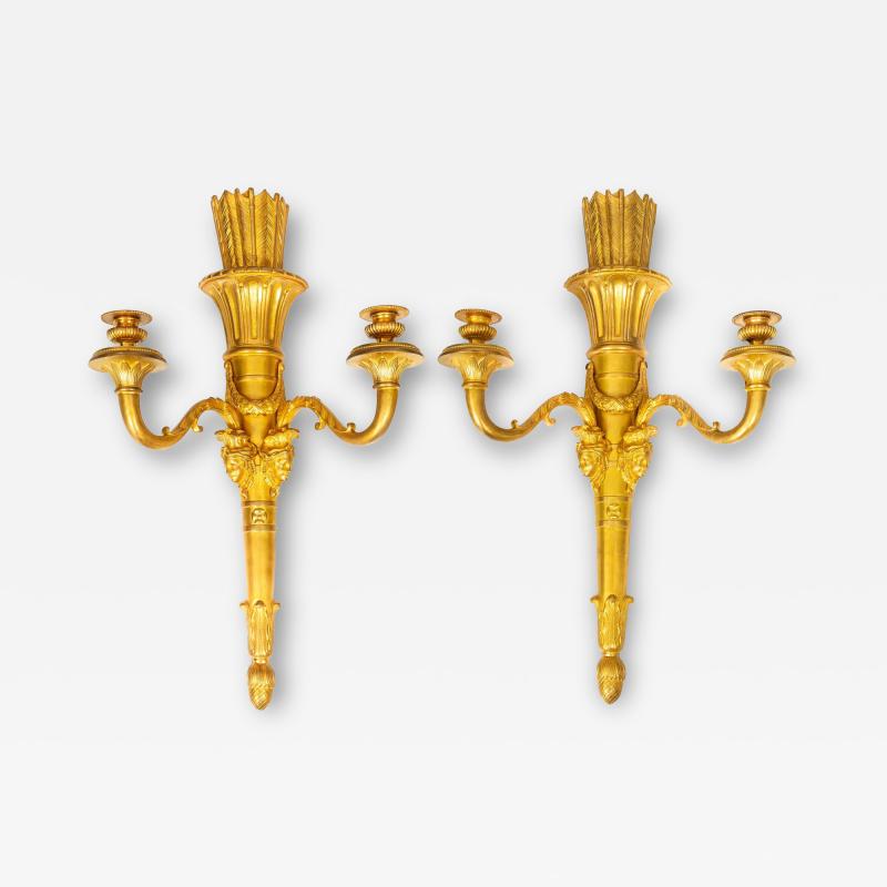Pair of French Louis XVI Style Gilt Bronze Two Light Wall Sconces Candelabra