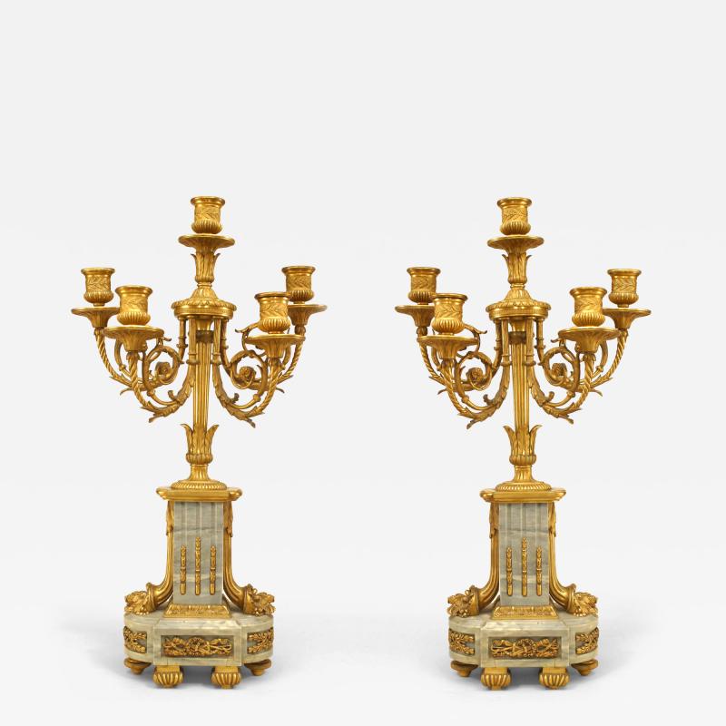 Pair of French Louis XVI Style Gilt Bronze and Marble Candelabras