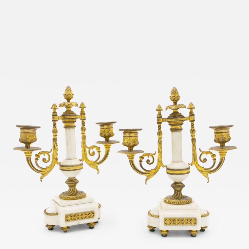 Pair of French Louis XVI Style Marble and Bronze Candelabras