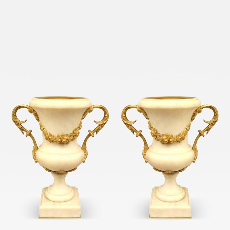 Pair of French Louis XVI Style Ormolu and White Marble Urns