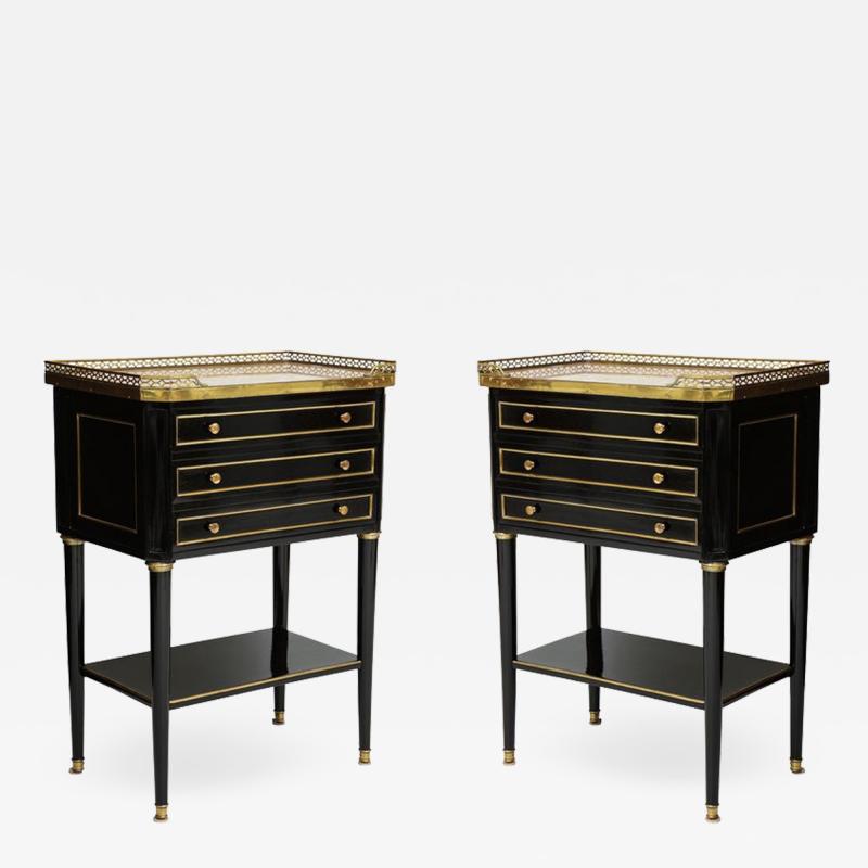 Pair of French Louis XVI style marble top end tables with brass gallery