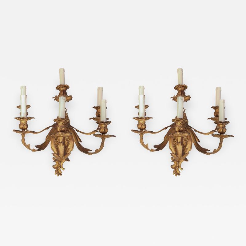 Pair of French Mid 19th Century Louis XV Style Ormolu Six Arm Sconces