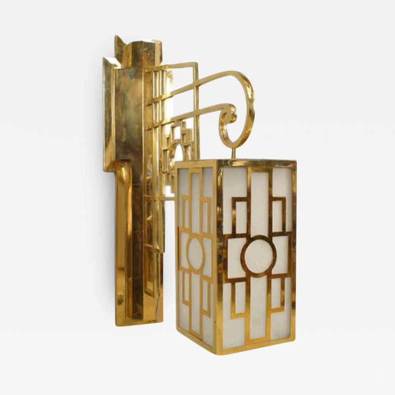 Pair of French Mid Century Brass Chinese Lattice Lantern Sconces