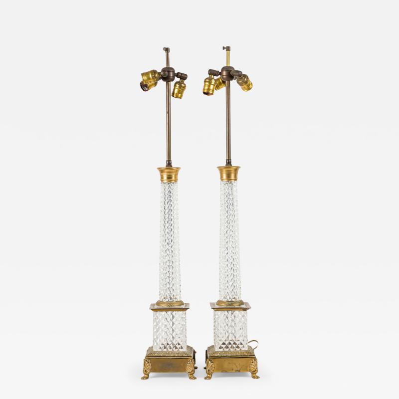 Pair of French Mid Century Diamond Cut Crystal Column Table Lamps